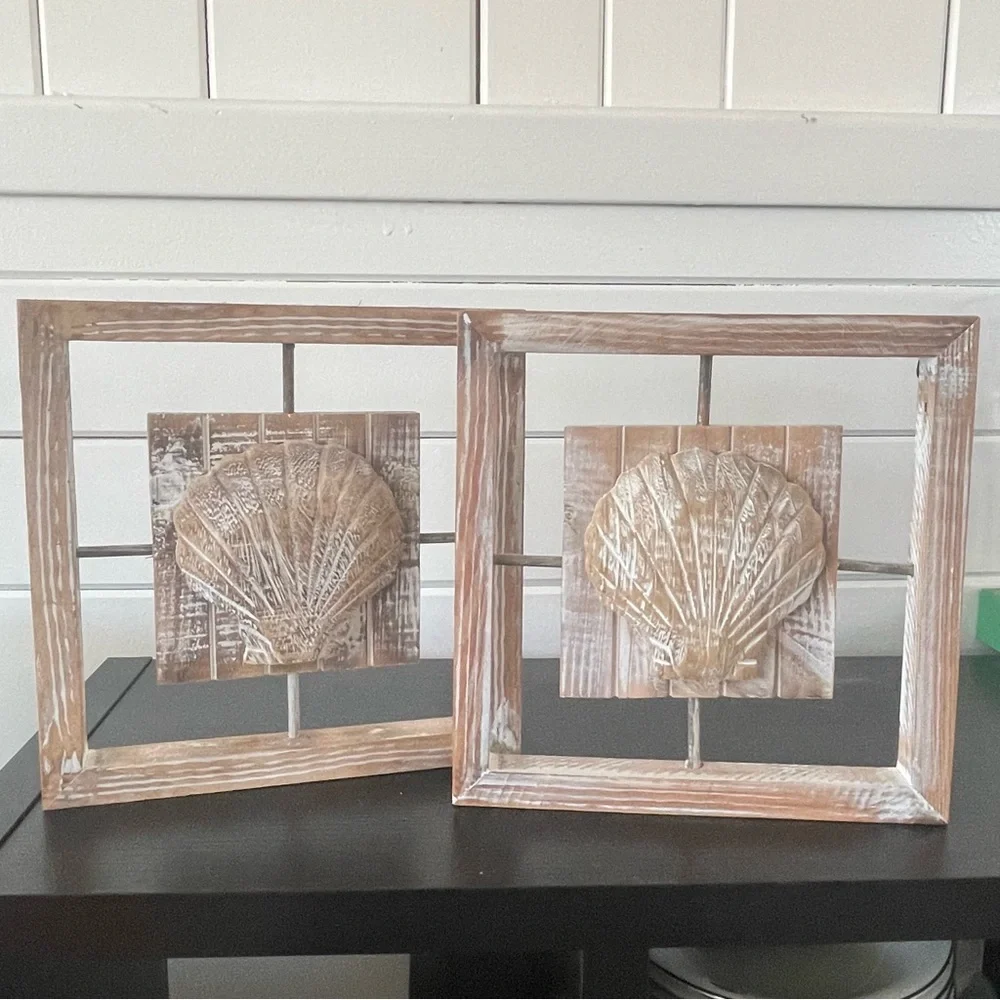 $15 SALE 2Pc Wooden Coastal Shell Wall Art Set Cream Tan Sea Ocean Nautical